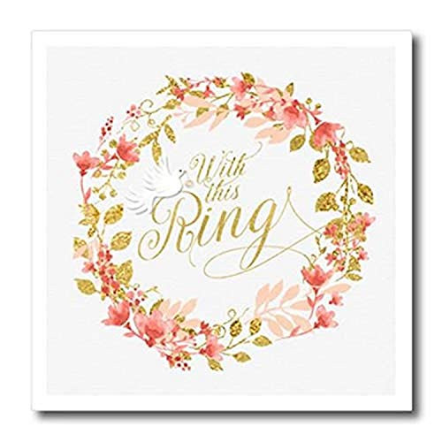 3D Rose Peach Echo Hued Floral Wreath with Wedding Word Art in Gold Iron On Heat Transfer 8 x 8 White