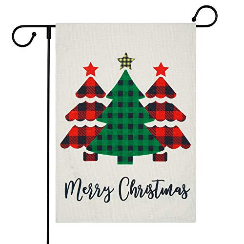 Ikfashoni Merry Christmas Garden Flag for Outside Double Sided Christmas Tree Yard Flags Winter Burlap Garden Yard Decorations Seasonal Outdoor Flag 12_5 x 18