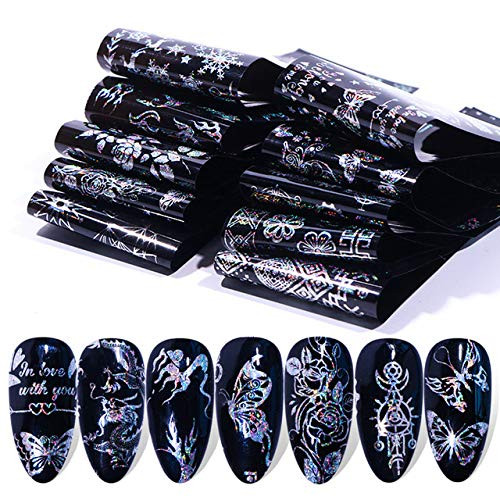 10 Colors Holographic Nail Foil Transfer Sticker - JMEOWIO Holographic Flowers Nail Art Stickers Tips Wraps Foil Transfer Adhesive Glitters Acrylic DIY Nail Decoration?Type 2?
