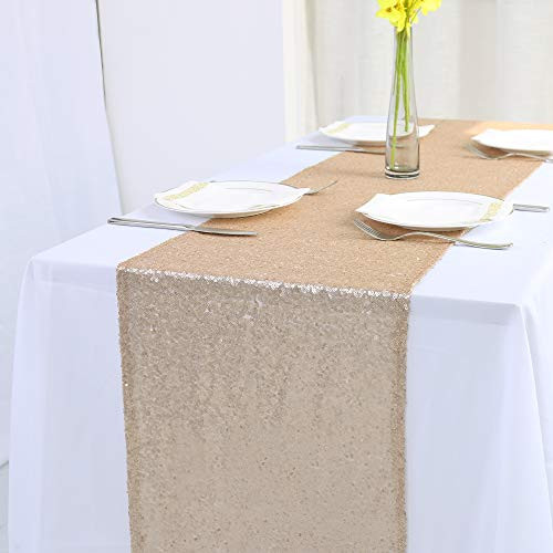 Zdada Champagne Sequin Table Runner - 12 x72inch Wedding Sequin Table Runner Glitter Fabric Table Runner