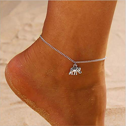 Earent Boho Anklets Silver Elephant Pendant Ankle Bracelets Chain Beach Foot Jewelry Adjustable for Women and Girls
