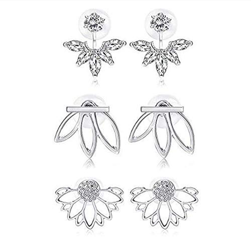 Gmillions Fashion Hollow Lotus Flower Earrings Simple Chic Front Back Stud Earring Set Ear Jacket Front Back Ear Cuffs Stud Earring Silver