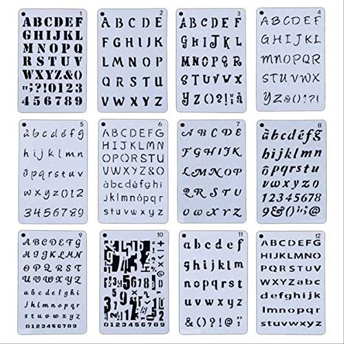 Yansanido 12 Pack Letter and Number Stencils Alphabet Stencil Set for Journal Notebook Diary Scrapbook DIY Drawing Template Plastic Planner 12pcs Letter and Number