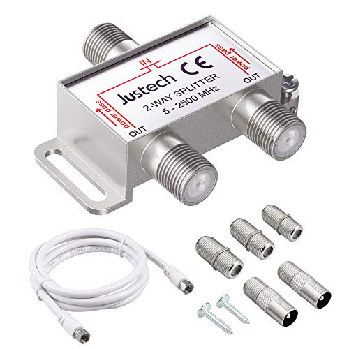 Justech 2-Way Coaxial Cable Splitter 5-2500MHz with 4_9ft Coax Cable F Plugs TV Splitter Satellite Splitter for CATV Satellite TV Sky Box Telewest Eurovox Starview Dreambox