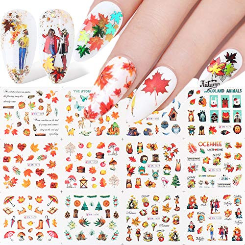 Fall Nail Art Stickers Maple Leaf Tree Word Animal Designs Nail Decals Autumn Winter Water Transfer Nail Art Supplies 12 Sheets Thanksgiving Nail Decors for Women Kids Girls Manicure Decoration Tips