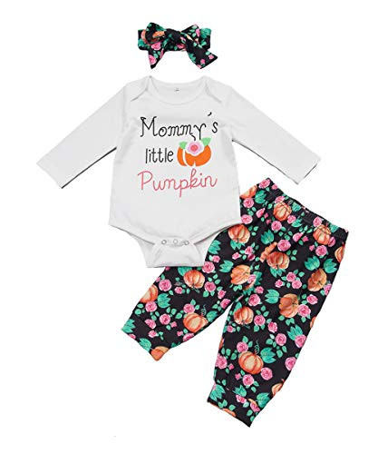 Newborn Baby Girl Halloween Outfit Infant Cotton Clothes Long-Sleeve Romper Pants Headband 3Pcs Set 6-12 Months White