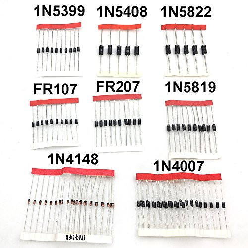McIgIcM Rectifier Diode Assorted Kit,100pcs 1N4148 1N4007 1N5819 1N5399 1N5408 1N5822 FR107 FR207 Electronic Components Package,Diode Assortment