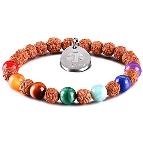 JOXFA Rudraksha beads 7 Chakra Bracelet for Women Men 8mm Natural Gemstone Mala Beads Essential Oil Diffuser Aromatherapy Bracelet Yoga Meditation Rosary Lava Beads Elastic Beaded Stretch Bracelets