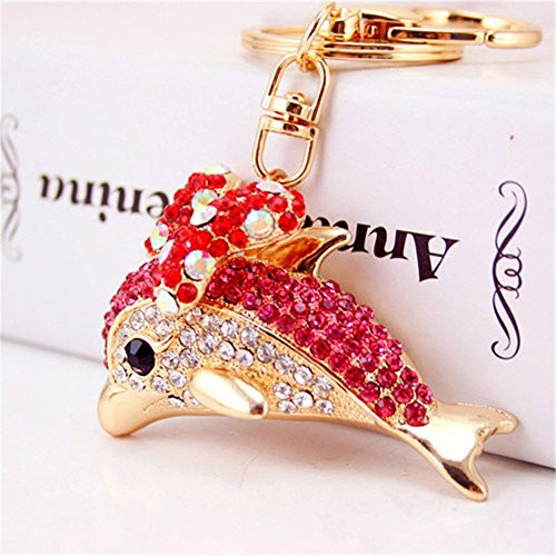 Cute Bowtie Dolphin Keychain Crystal Sparkling Keyring Rhinestones Purse Pendant Handbag Charm Red