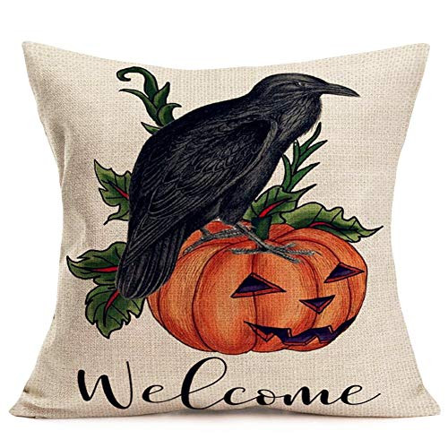 Fukeen Welcome Halloween Throw Pillow Covers Vintage Black Crow and Pumpkin Pillow Cases Autumn Rustic Farmhouse Decorative Cotton Linen Square 18x18 Inch Cushion Cover for Sofa Couch