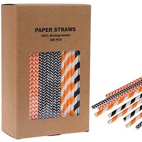 200 Pieces Halloween Paper Straws Halloween Straws Paper Straws Disposable Drinking Straws Biodegradable Paper Straws Orange Black White Stripe Straws for Wedding Birthday Halloween Party Supplies4