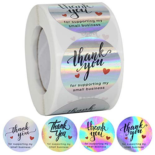 NSWDYLO Thank You Stickers Roll 500pcs 1_5 Thank You for Supporting My Small Business Stickers 4 Designs Thank You Small Business Stickers for Business Packages Holographic Thank You Stickers Labels