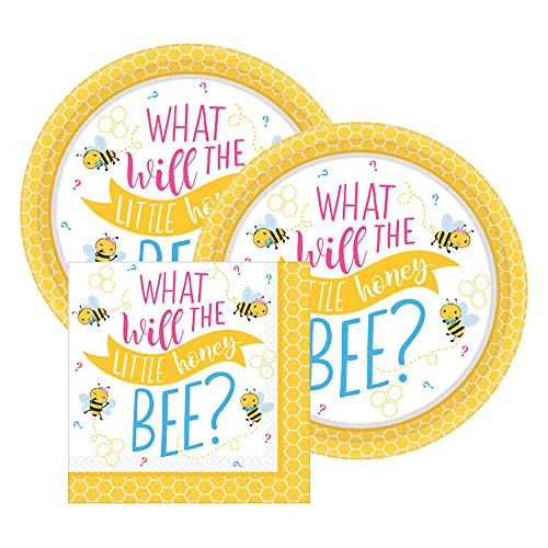 Little Honey Gender Reveal and Baby Shower Paper Dessert Plates and Paper Napkins, 16 Servings, Bundle- 3 Items