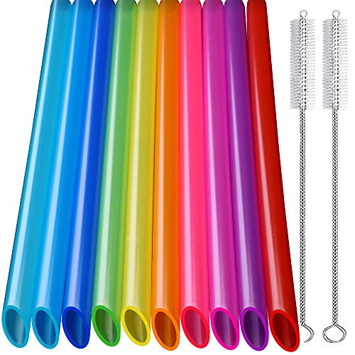 KKMO Angled Tips 10 PCS Reusable Boba Smoothie Straws - Multi Colors Jumbo Wide Reusable Straws BPA FREE Food-Grade Plastic Straws for Bubble TeaTapioca Boba Pearls Milkshakes with 2 Brushes