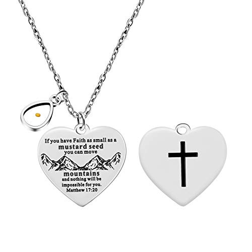 Steel Cross Scripture Christian Double Side Heart Pendant Necklace If You Have Faith as Small as Mustard Seed You Can Move Mountains Drop