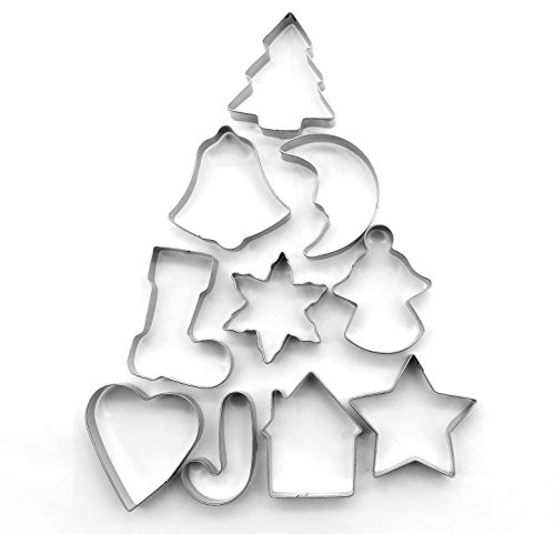 ShengHai Christmas Cookie Cutter Set - 10 Piece Favorite Holiday Cookie Cutters, Include: Gingerbread Girl, Christmas Tree, Snowflake, Gingerbread House, Bell, Heart, Star, Christmas Crutch and More