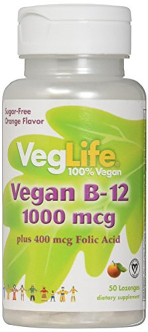 VegLife B-12 Plus Folic Acid Vegan Lozenge 1000 mcg Orange 50 Count