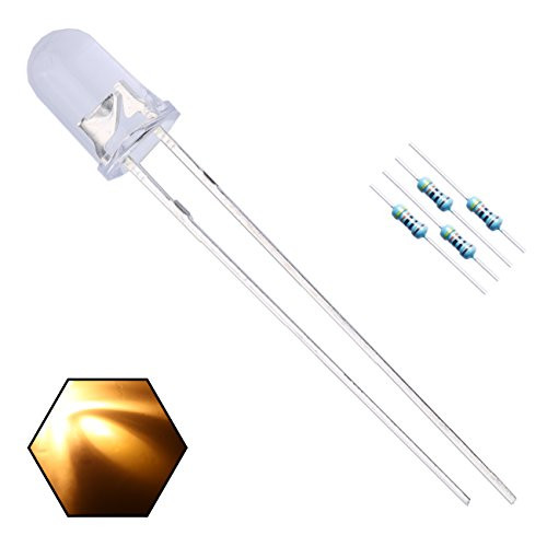 EDGELEC 100pcs 5mm Warm White Lights LED Diodes Clear Round Lens 29mm Long Lead DC 3V 100pcs Resistors for DC 6-12V Included Bright Bulb Lamps Light Emitting Diode