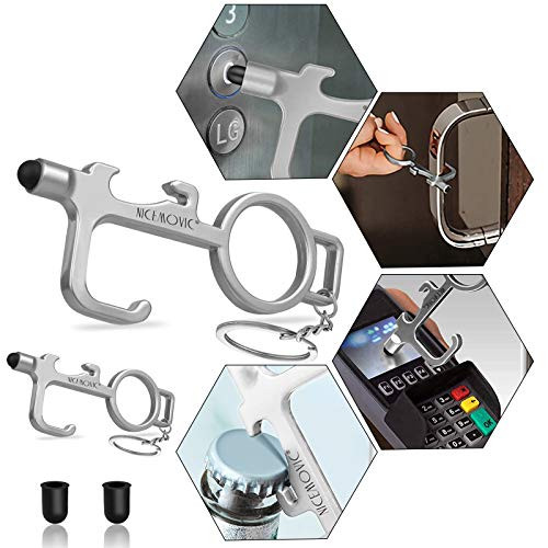 NICEMOVIC No Touch Door Opener Hand Tools 2PCS EDC Upgraded Non Contact Stylus Keychain for Touchscreens Handles Elevator Press Stick Buttons Avoid Direct Touch Tool in The Public Silver