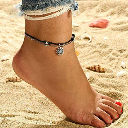 Gortin Layered Anklets Sunflower Pendant Ankle Bracelets Boho Weave Beach Beaded Foot Jewelry Adjustable for Women and Girls
