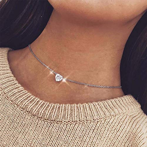 Bomine Simple Choker Necklace Chain Rhinestone Necklaces Heart Jewelry Chain for Women and Girls Sliver Bomine Simple Choker Necklace Chain Rhinestone Necklaces Heart Jewelry Chain for Women and Girls Sliver