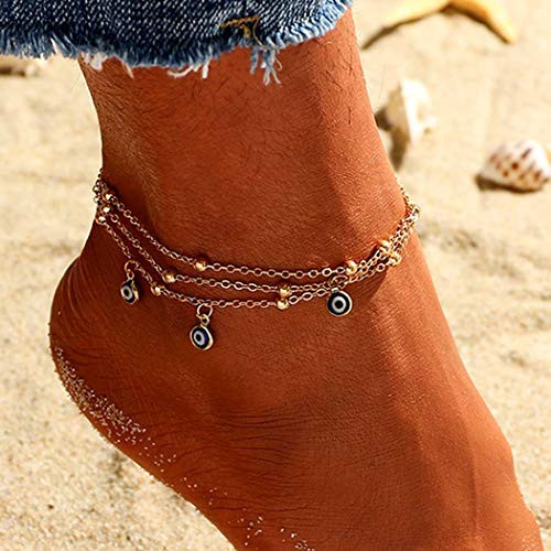 Evild Boho Layered Anklet Gold Eye Ankle Bracelet with Beaded Beach Adjustable Anklets Summer Foot Jewelry for Women and Girls