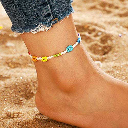 Awanka Boho Ankle Bracelet Flower Ankle Chain Bead Beach Anklet White Ankle Jewelry for Women and Girls