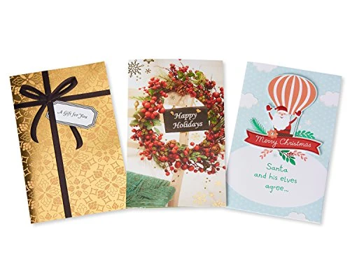American Greetings Christmas Card Bundle Santa Gift and Wreath 3-Count