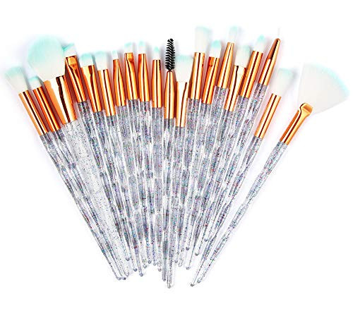 AMIZOB 20pcs Diamond Shape Handle Makeup Brushes Sets for Eye Shadow Eyeliner Foundation Blush Lip Makeup Brushes Powder Liquid Cream transparent shiny