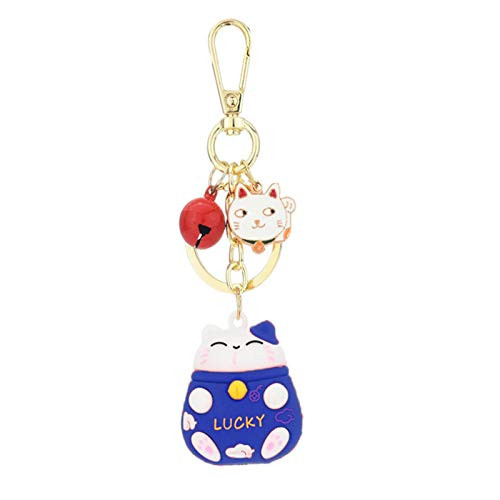 VASTAIR Lucky Cat Keychain Key Ring PVC Lucky Cat Fortune Cat Bell Keyring Cartoon Cat Women Bag Hanging Pendant Cat Kitty Key Chains Fortune Lucky Beckoning FengShui Cat Pendant Blue