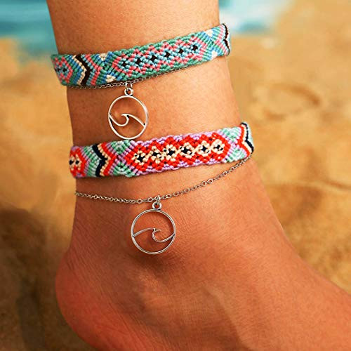 ELABEST Boho Pendant Anklet Silver Layered Ankle Bracelets Mutilayered Foot Jewelry Bohemian Foot Chains for Women and Girls
