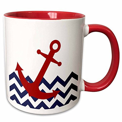 3dRose 165791_5 Nautical Boat Anchor on Chevron Pattern, Red Mug 11 oz