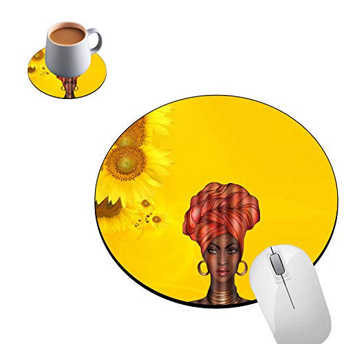 Round Mouse Pad and Coasters Set Sunflower and Pretty Girl Mousepad Non-Slip Rubber Round Gaming Mouse Pad Customized Mouse Mat for Home Office Business Gaming