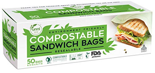 UNNI ASTM D6400 100 Compostable Bags Resealable Compost Food Storage Bags 50 Count 6_7 x 6_7 inches US BPI and Europe OK Compost Home Certified San Francisco