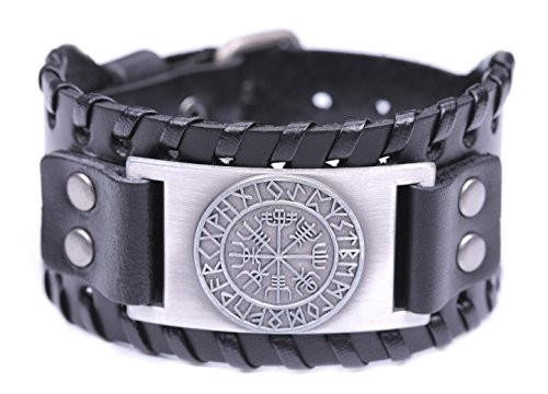 EUEAVAN Ancient Viking Vegvisir Compass 24 Amulet Runes Braided Wide Leather Wristband Bracelet Antique SilverBlack EUEAVAN Ancient Viking Vegvisir Compass 24 Amulet Runes Braided Wide Leather Wristband Bracelet Antique SilverBlack