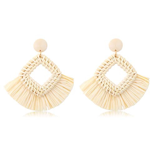 FUNRUN JEWELRY Rattan Tassel Earring for Women Straw Wicker Drop Dangle Raffia Earring Geometric Handmade Statement Hoop Earring Lighweight