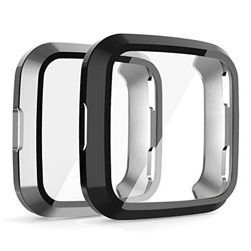 OenFoto Screen Protector Compatible with Fitbit Versa with HD Tempered Glass Case Cover 2 Pack Daily Waterproof 3D Full Coverage Shell Protective for Fitbit Versa Smartwatch Black Silver