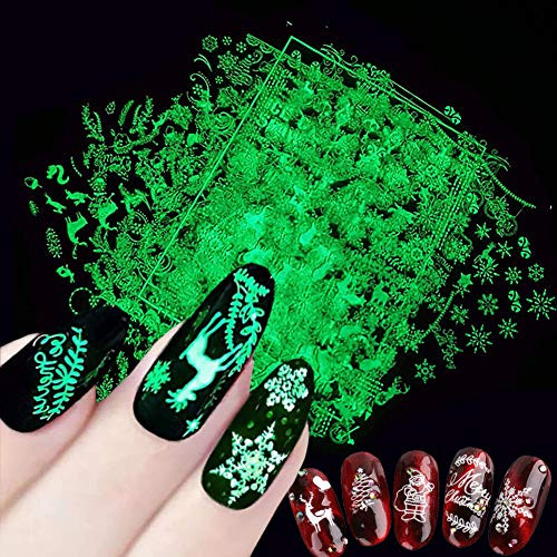 Christmas Nail Art Stickers Luminous Nail Decals Winter Nails Supply 3D Self-Adhesive Nail Sticker Xmas Tree Snowflake Snowmen Deer Nail Designs Acrylic Nails Supplies Manicure Tips Decor 6 Sheets