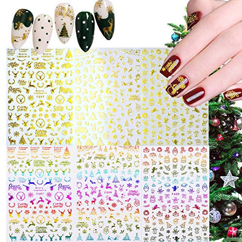 Christmas Nail Art Stickers 3D Gold Nail Decals Self Adhesive Winter Nails Supply Xmas Tree Snowflake Snowmen Elk Nail Designs Christmas Supplies for Women Girls Manicure Nail Decorations 6 Sheets