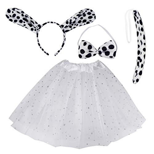 Dxhycc Dalmatian Costume Set Dog Ears Headband Bowtie Tail Tutu for Kids Girls Halloween Costume Cosplay Party White