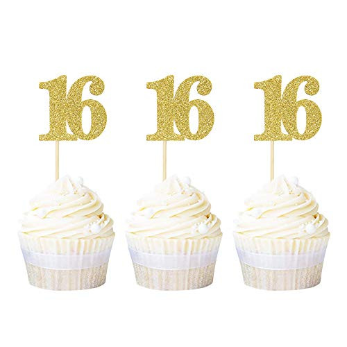 Ercadio 24 Pack Gold Glitter 16th Birthday Cupcake Toppers Number Sweet 16 Cupcake Picks Sixteen Anniversary Birthday Party Cake Decoration Supplies