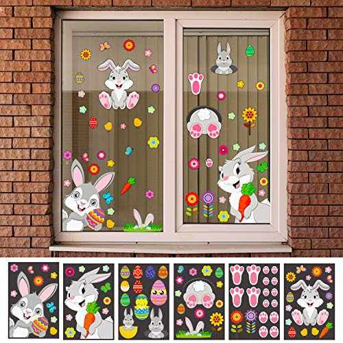 Outus 78 Pieces Easter Bunny Window Cling Decorations Bunny Easter Eggs Window Stickers Assorted Adhesive Easter Decals for Home Party Ornaments