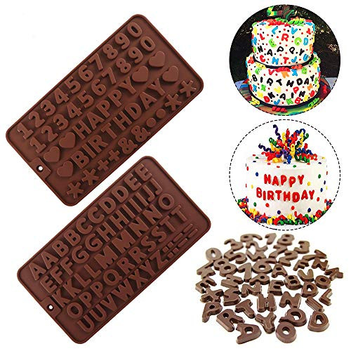 DIFENLUN Silicone Numbers Alphabets Molds 2 Pack Letter Tray Happy Birthday Numbers Symbols Mold for Cake Candy Chocolate Decorating