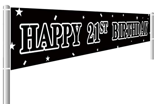 Large Black and White Happy 21st Birthday Banner 21 Years Birthday Party Supplies 21st Birthday Party Hanging Decorations 9_8 x 1_6 ft