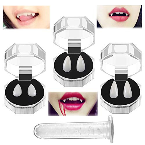 Calidum 3 Sizes Vampire Teeth Fangs with 1 Tube Teeth Pellets Adhesive Halloween Horror Party Favors Werewolf Fangs Vampire Dentures Cosplay Costumes Accessory Prop Decoration