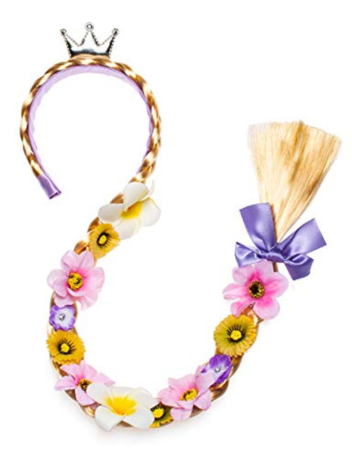 Long Hair Princess Hairpiece Long Cosplay Braided Wigs for Girls Princess Dress Up Accessories Rapunzel Flowers Headband