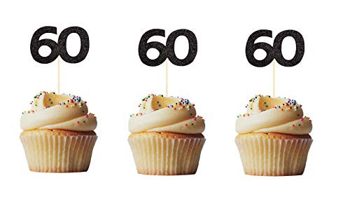 48PCS 60th Cupcake Toppers Black Glitter 60 Birthday Cupcake Picks Party Decoration Supplies