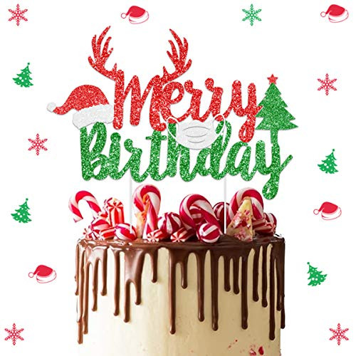Merry Birthday Cake Topper Christmas Birthday Party Decorations for 2021 Xmas Quarantine Themed Birthday Party Supplies