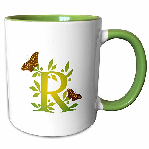 3dRose 239141_7 Monogram Initial R in Leafy Yellow with Butterflies, Green Mug 11 oz 3dRose 239141_7 Monogram Initial R in Leafy Yellow with Butterflies, Green Mug 11 oz