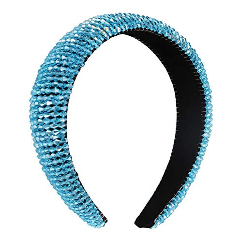 Wudaozi Gem Blue Fashion Padded Rhinestone Headband Wide Bejewelled Hairband Sparkly Headband Hair Accessories Padded Headband Party Headwear Hair Hoops Hair Accessories for Womens Girls